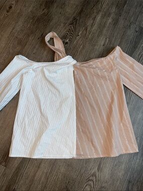 ROI Two-Tone Off-Shoulder Striped Tunic in White and Blush Pink With Shimmer